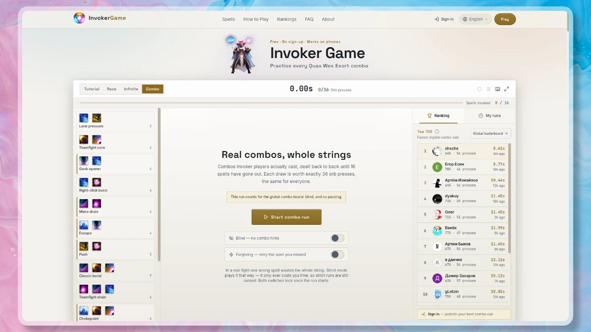 Invoker Game race mode with the ten Invoker spells, custom controls and ranking panel