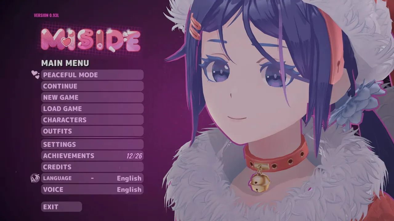 MiSide Peaceful Mode development preview showing Mita in main menu