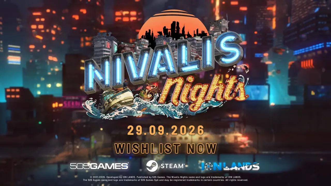 Nivalis Nights release date key art: the neon skyline of Nivalis under heavy rain