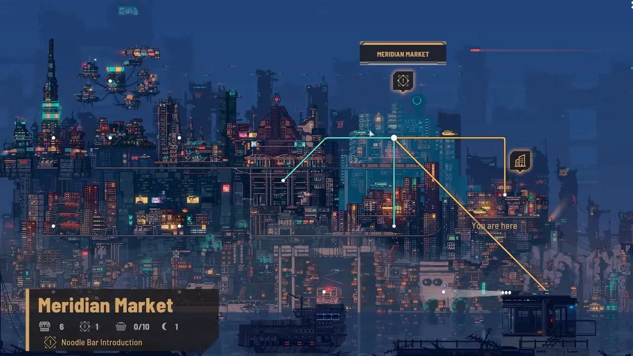 Pixel-art district map of Meridian Market in Nivalis Nights