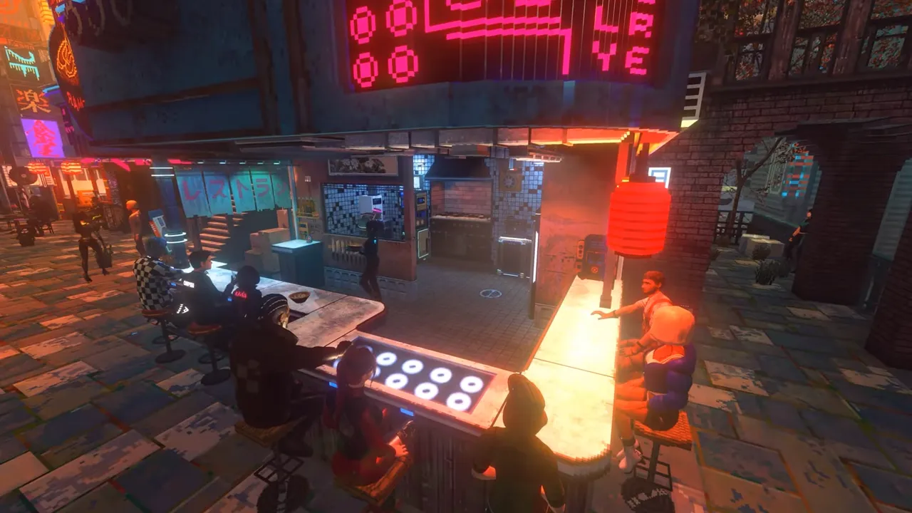 A busy Nivalis Nights noodle bar counter under a red lantern and pink neon, customers seated while the cook works the grill