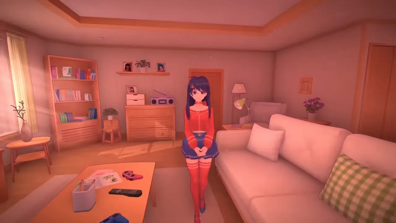 Mita speaking to Zero in the MiSide Zero Alpha living room